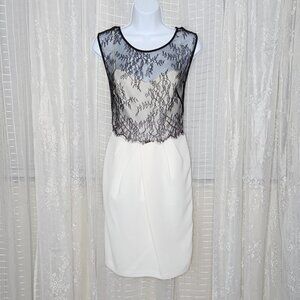 White W/ Black Lace Overlay Vera Wang Formal Cocktail Dress Sz8